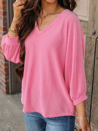 Striped V-Neck Raglan Sleeve T-Shirt