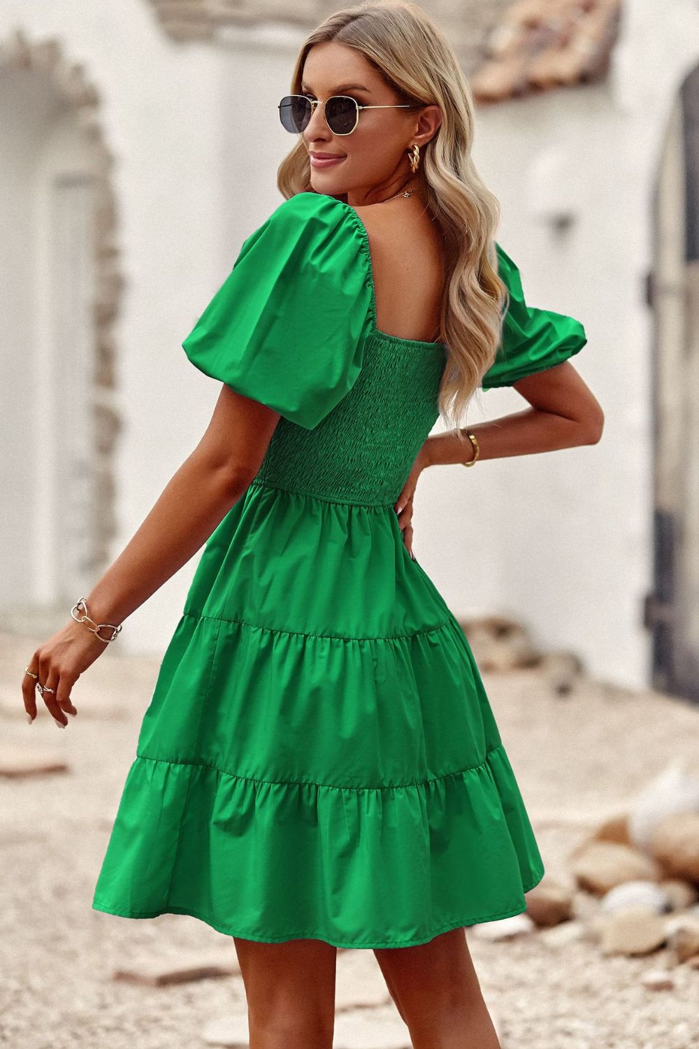 Balloon Sleeve Square Neck Smocked Midi Dress