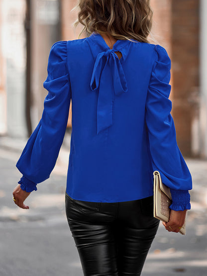 Tie-Back Puff Sleeve Mock Neck Blouse