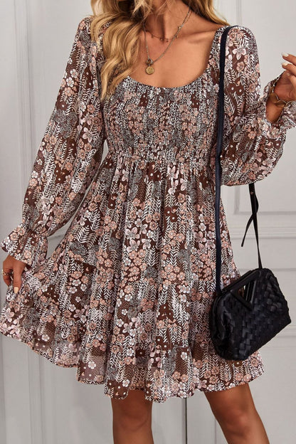 Floral Long Flounce Sleeve Square Neck Dress