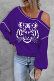 Tiger Graphic Long Sleeve Asymmetrical Neck Top