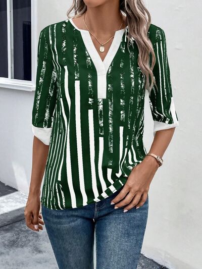 Striped Notched Half Sleeve Blouse