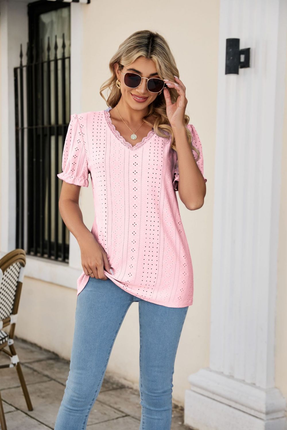 Eyelet Flounce Sleeve Scalloped V-Neck Top