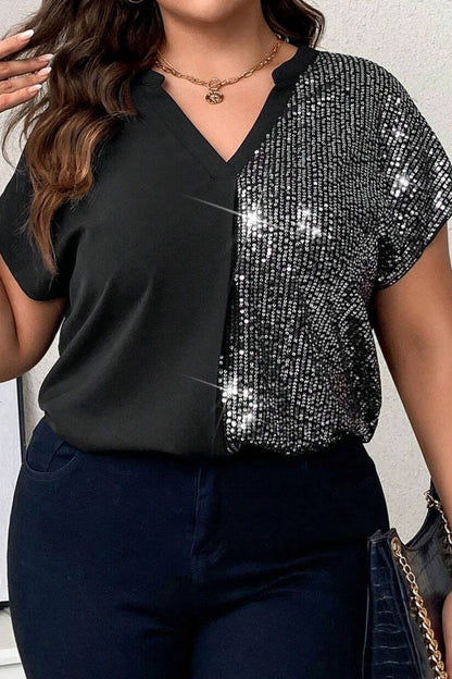 Plus Size Sequin Notched Short Sleeve T-Shirt