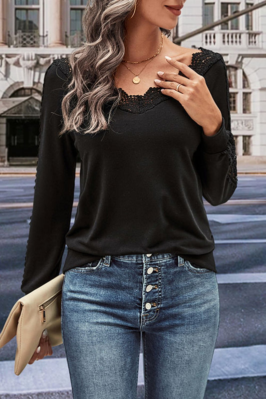 V-Neck Long Sleeve Lace Trim Blouse