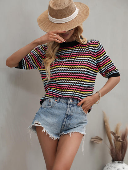 Striped Openwork Half Sleeve Knit Top