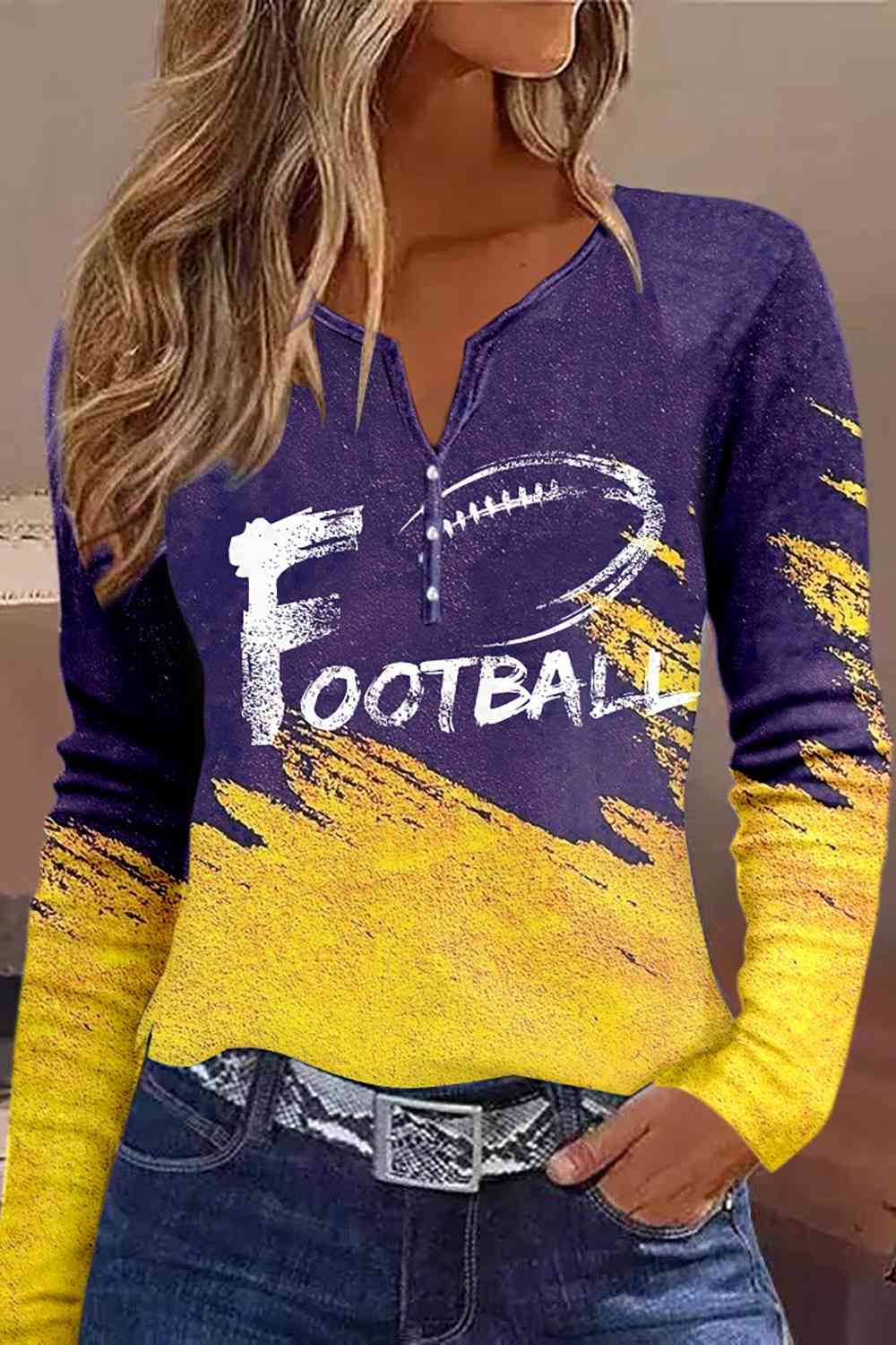 FOOTBALL Graphic Notched Neck Long Sleeve T-Shirt