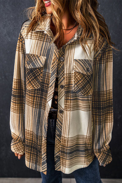 Plaid Pocketed Dropped Shoulder Coat