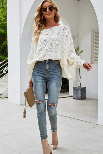 Openwork Boat Neck Dolman Sleeve Sweater