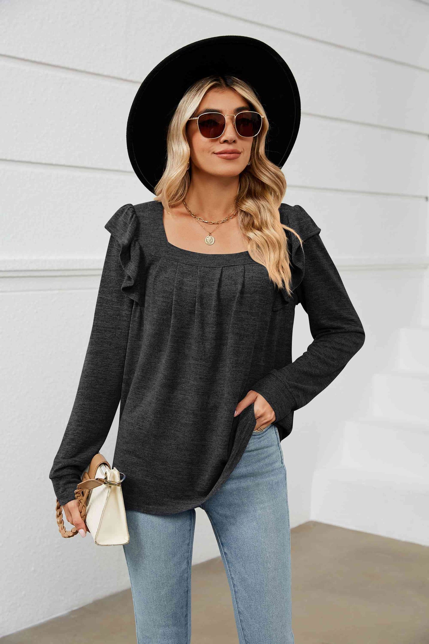 Square Neck Ruffle Shoulder Long Sleeve T-Shirt