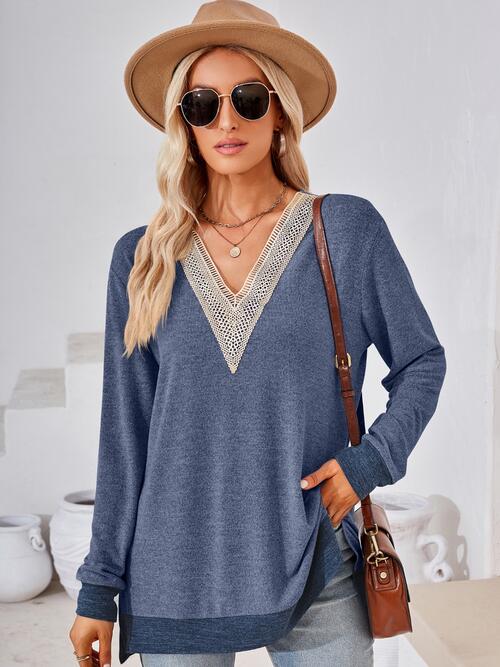 Crochet Contrast V-Neck Long Sleeve Slit T-Shirt