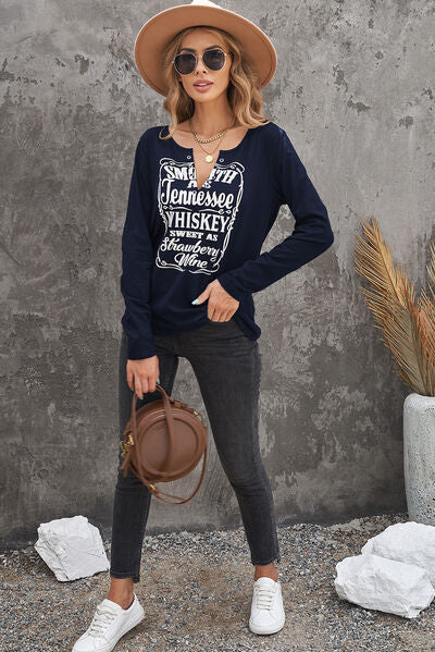 Letter Graphic Notched Long Sleeve T-Shirt