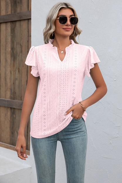 Eyelet Notched Neck Flutter Sleeve Top