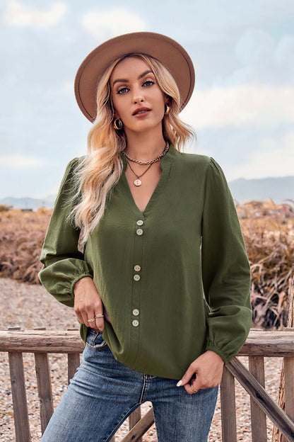 V-Neck Balloon Sleeve Button-Up Blouse