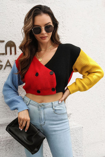 Cropped Contrast Color V- Neck Buttoned Caradigan