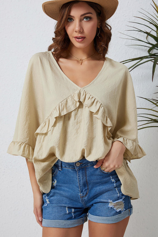 Ruffled V-Neck Half Sleeve Blouse