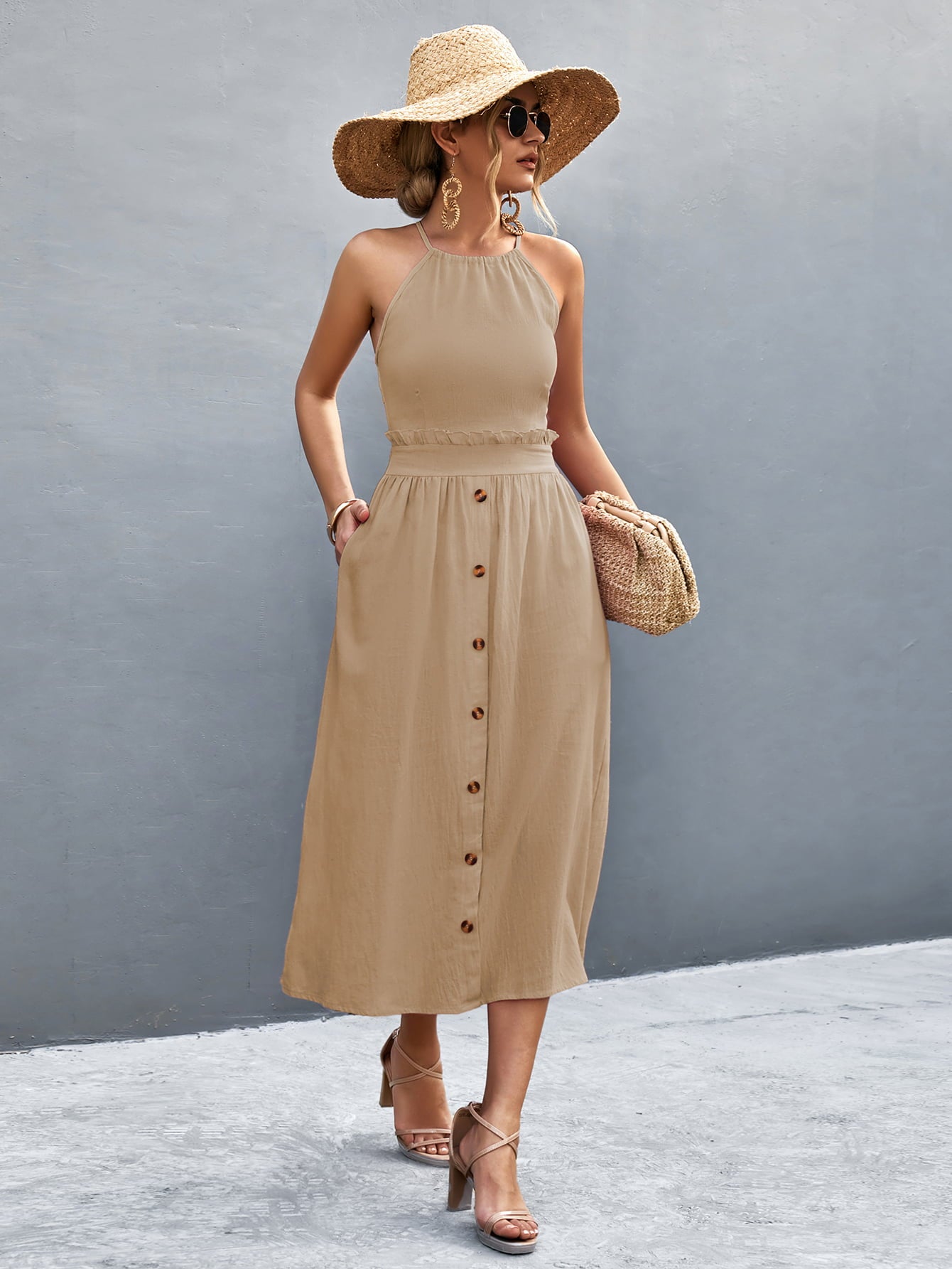 Buttoned Halter Neck Frill Trim Midi Dress