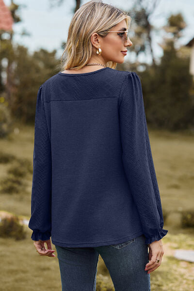 Eyelet Round Neck Flounce Sleeve T-Shirt