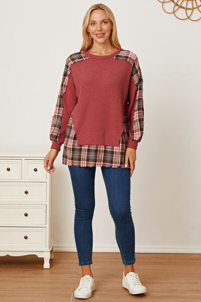 Plaid Round Neck Dropped Shoulder Sweatshirt