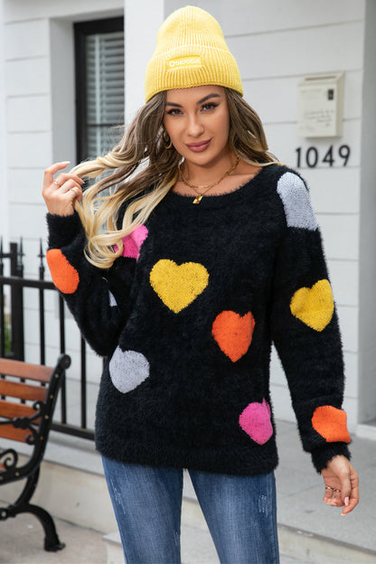 Heart Pattern Round Neck Long Sleeve Sweater