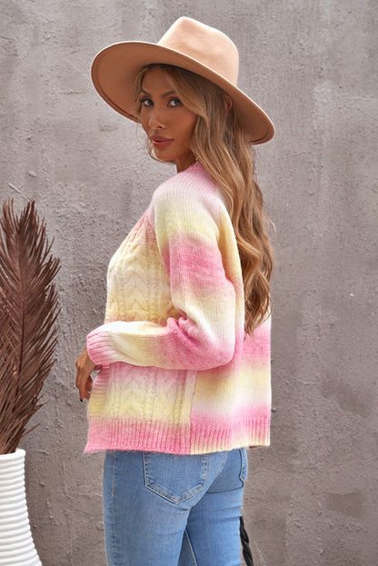 Tie-Dye Cable-Knit Raglan Sleeve Open Front Cardigan