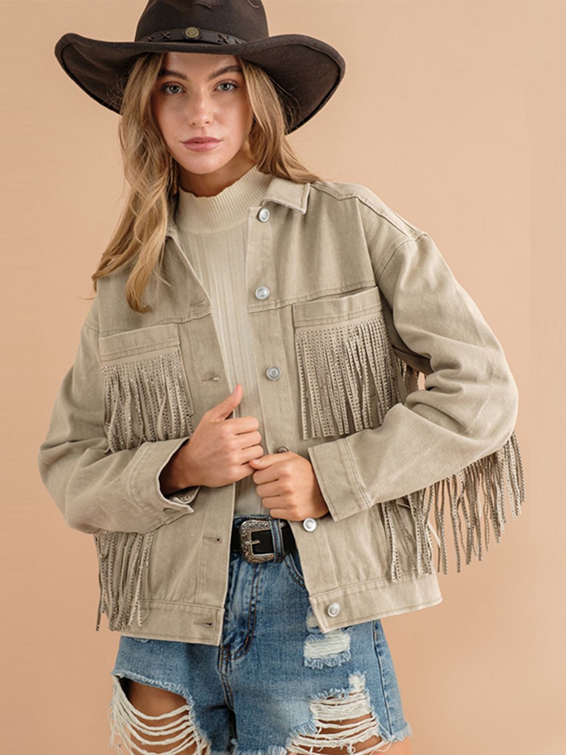 Fringe Detail Dropped Shoulder Denim Jacket