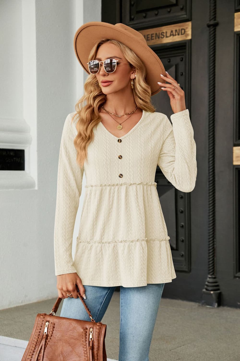 Long Sleeve V-Neck Cable-Knit Blouse