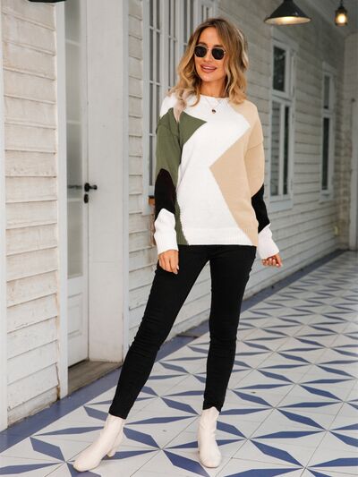 Color Block Round Neck Dropped Shoulder Sweater