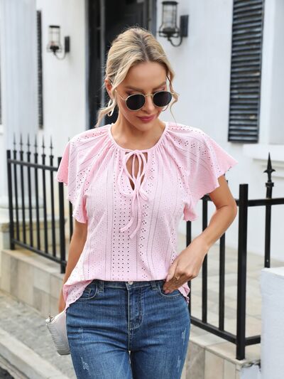 Eyelet Tie Neck Flutter Sleeve Blouse