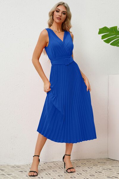 Surplice Sleeveless Midi Pleated Dress