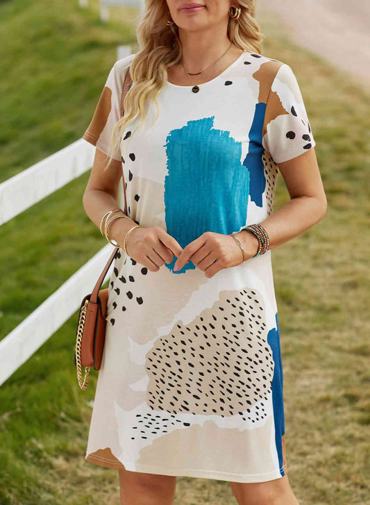 Mixed Print Round Neck T-Shirt Dress