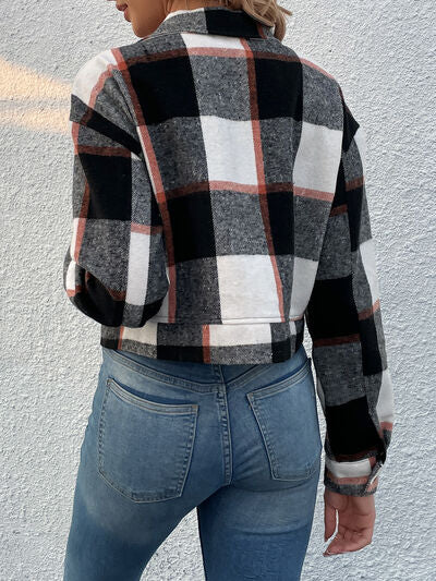 Plaid Button Up Drop Shoulder Cropped Jacket