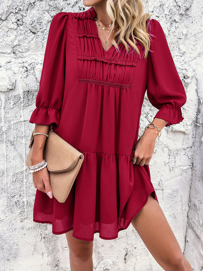 Ruched Notched Flounce Sleeve Dress