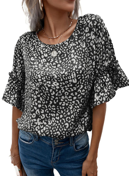 Leopard Round Neck Frill Trim Blouse