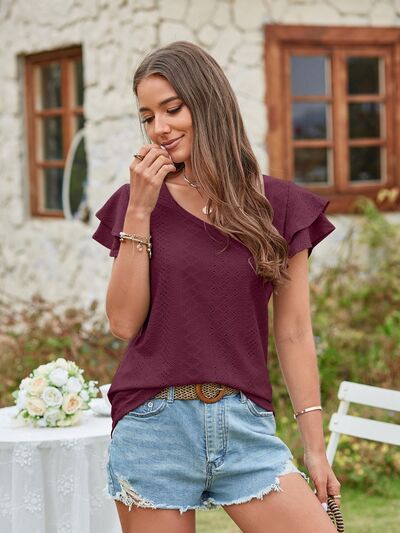 Eyelet V-Neck Short Sleeve Blouse