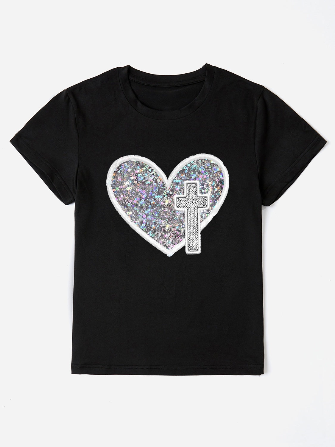 Sequin Heart Round Neck Short Sleeve T-Shirt