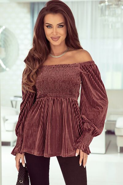 Smocked Lantern Sleeve Peplum Blouse