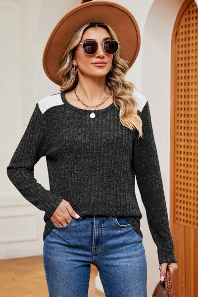 Eyelet Ribbed Round Neck Long Sleeve T-Shirt