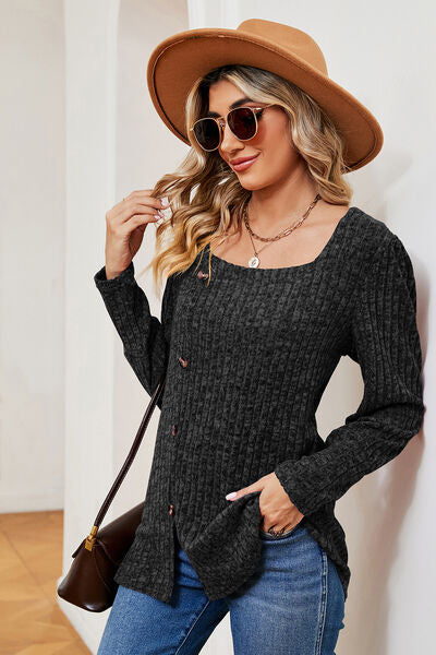 Decorative Button Square Neck T-Shirt