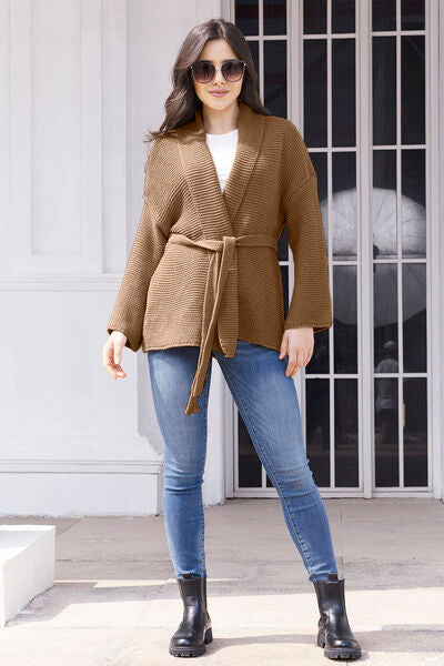 Tied Open Front Long Sleeve Cardigan