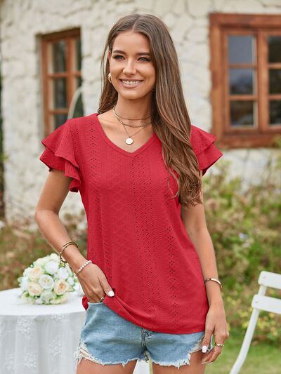 Eyelet V-Neck Short Sleeve Blouse