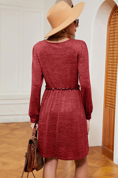 Frill Square Neck Long Sleeve Dress