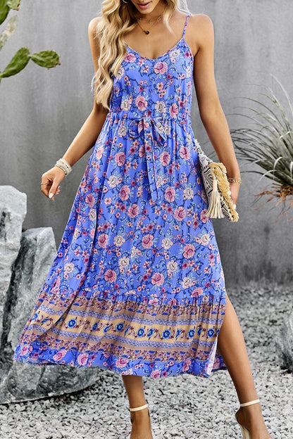 Bohemian Spaghetti Strap Drawstring Slit Dress