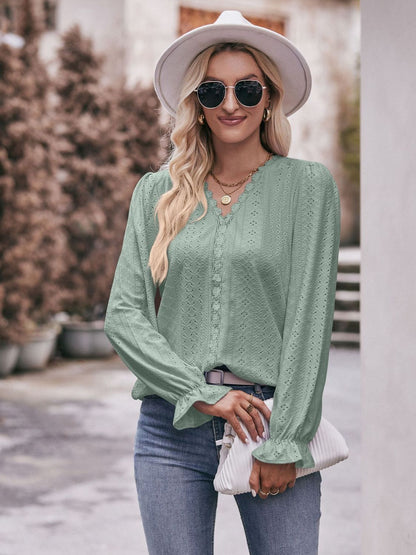 Eyelet V-Neck Flounce Sleeve Blouse