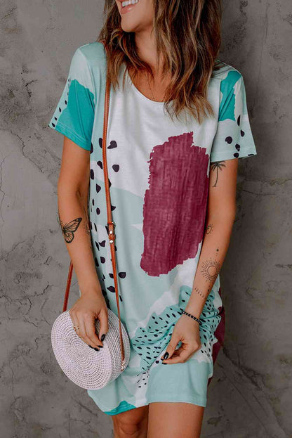 Mixed Print Round Neck T-Shirt Dress