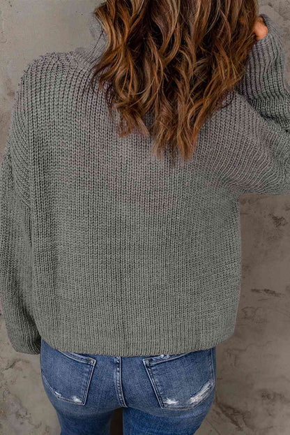 Woven Right Half Zip Rib-Knit Dropped Shoulder Sweater