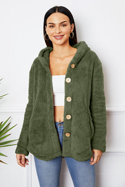 Fuzzy Button Up Hooded Outerwear