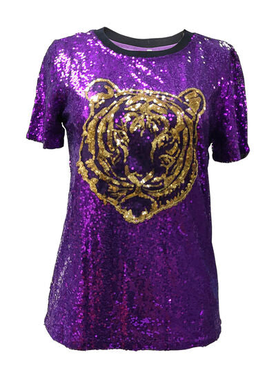 Tiger Sequin Round Neck Short Sleeve T-Shirt