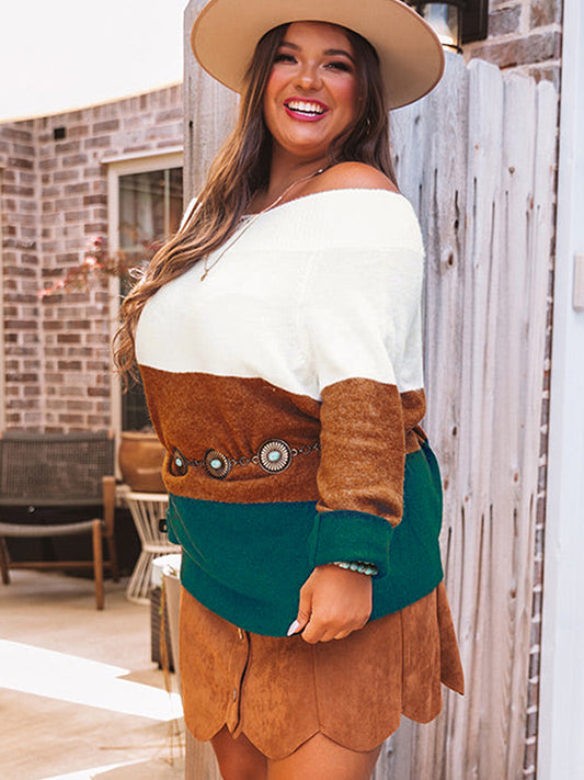 Plus Size Color Block Long Sleeve Sweater