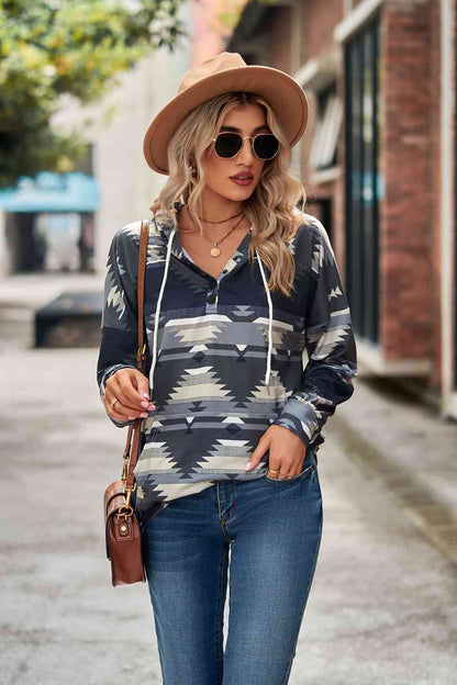 Geometric Drawstring Dropped Shoulder Hoodie